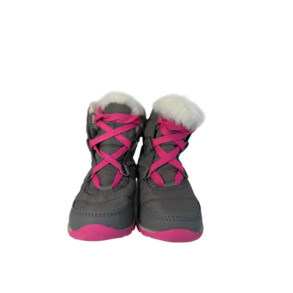 Sorel Youth Girls Pink Grey Whitney Nylon Snow Boots Faux Fur Lined Sz 1Y No Box